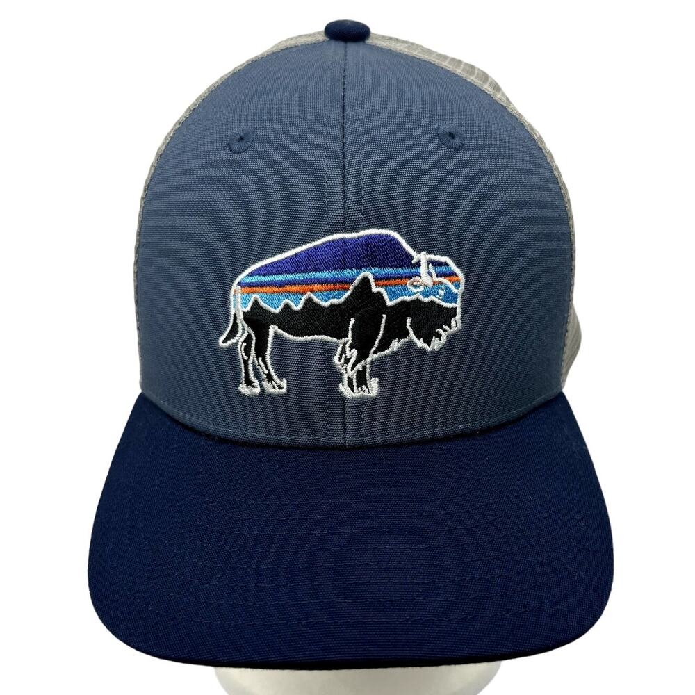 Men's Patagonia Blue Fitz Roy Bison Trucker Hat Buffalo Mesh Snap Back Cap sz OS